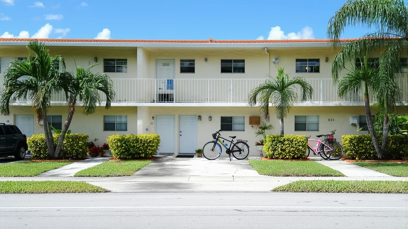 A view of a small, well-maintained apartment building in Fort Lauderdale, Florida with bicycles by the front doors and palm trees.