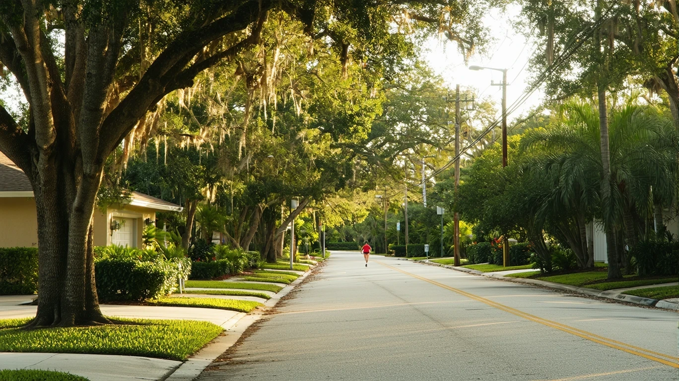 A quiet residential street in Pembroke Pines with sunlight filtering through maple trees, tidy homes, and a jogger in the distance.