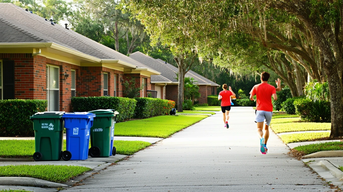 A residential street in Pembroke Pines lined with brick homes and recycling bins out for morning pickup.