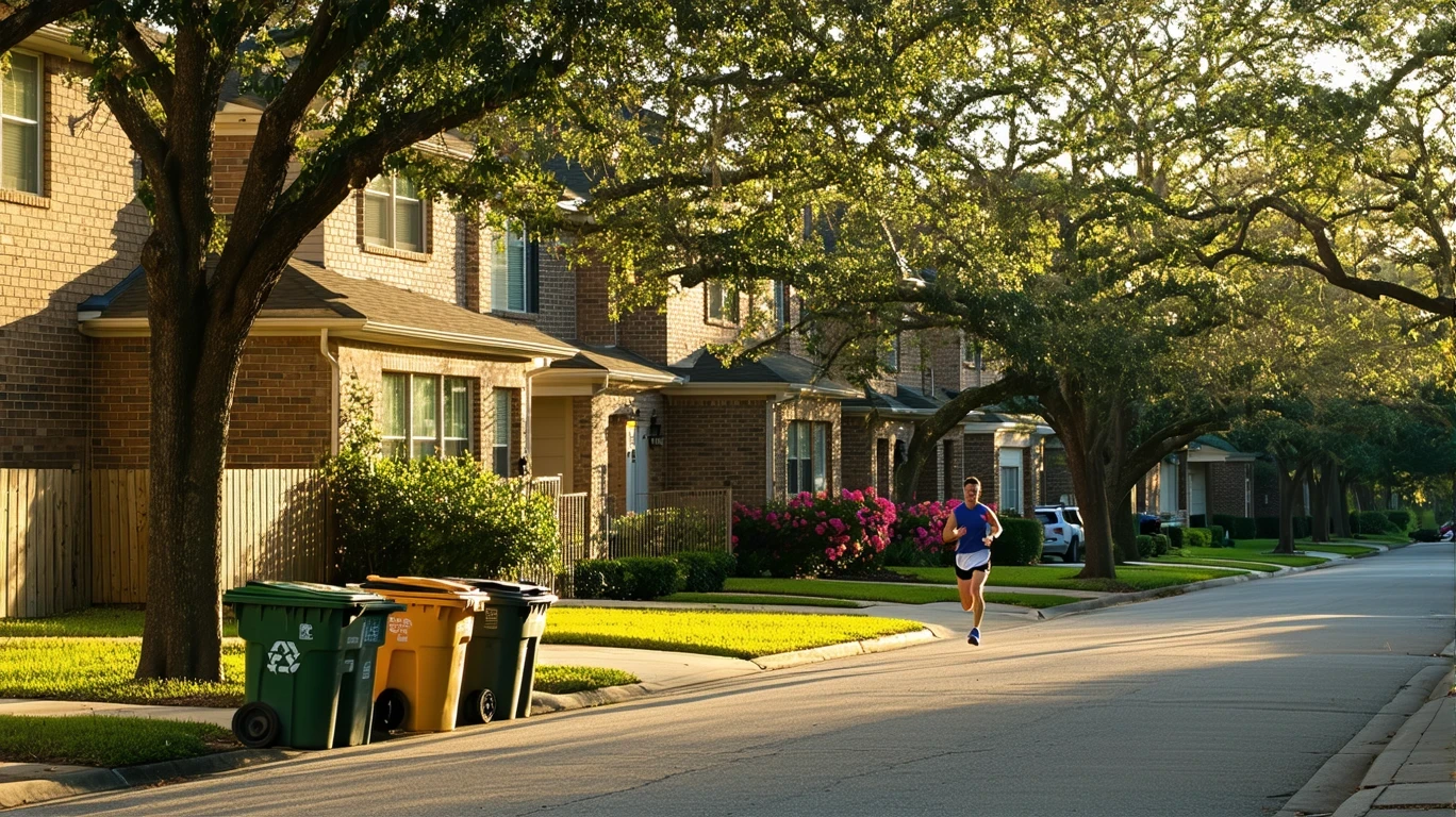 A jogger runs past red-brick homes and garbage bins on a tree-lined street in Houston, TX.
