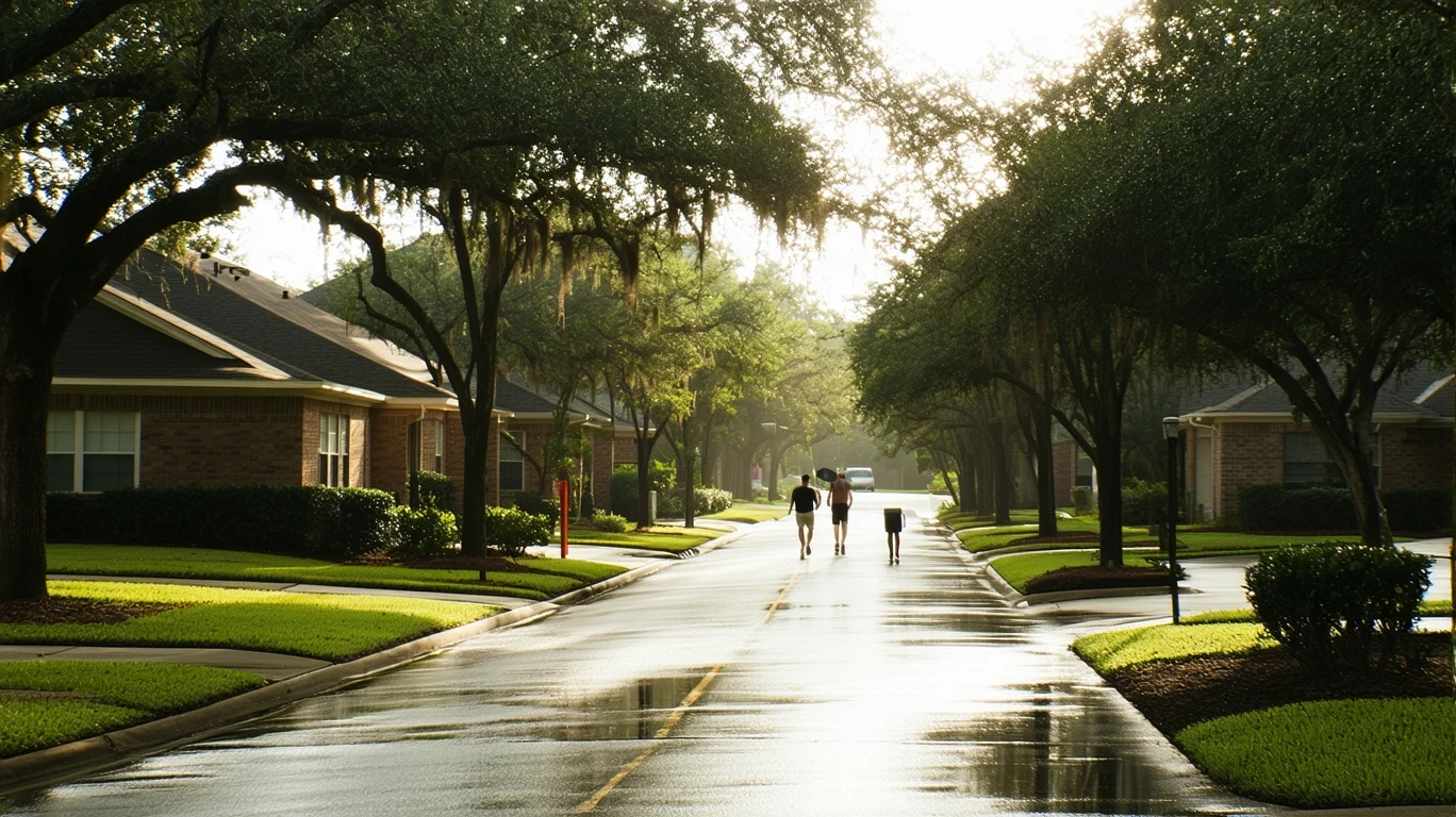 A tree-lined residential street in Houston, Texas with people walking and wet pavement after rain.