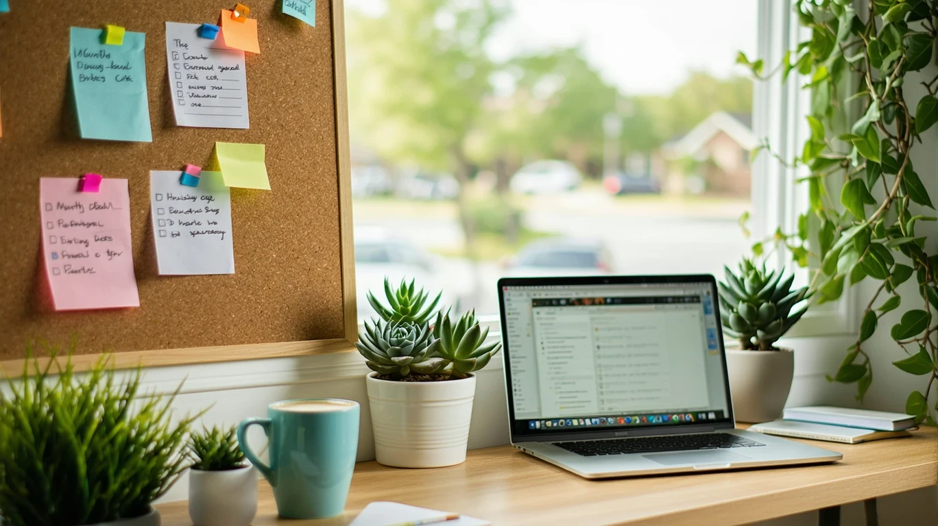 A corkboard with bills and notes in a small office nook overlooking a neighborhood.