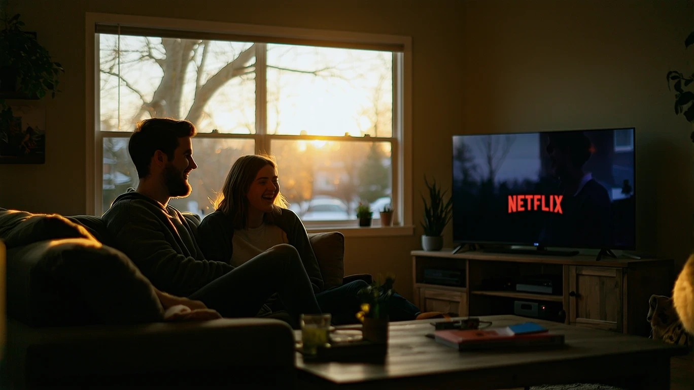 Two roommates laughing together on a couch in a dimly lit living room with a TV screen in the background.