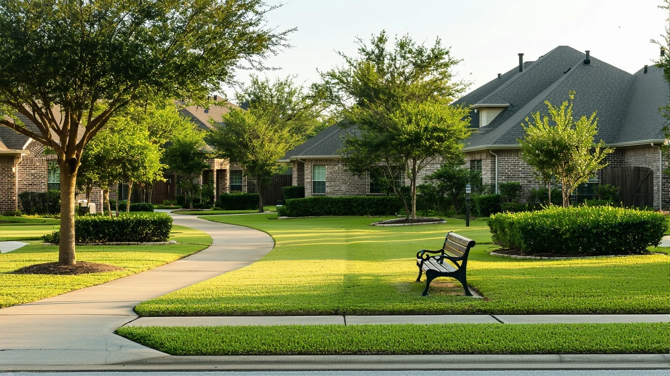 A grassy neighborhood park in Katy, Texas with a path, bench, and trimmed hedges, seen from across a suburban street lined with nice homes.