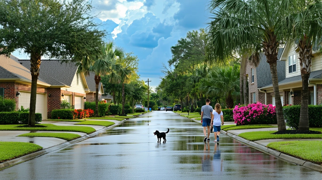 A suburban street in Humble, Texas on a partly sunny day. Palm trees and homes are reflected in puddles on the road. A couple walks their dog on the sidewalk.