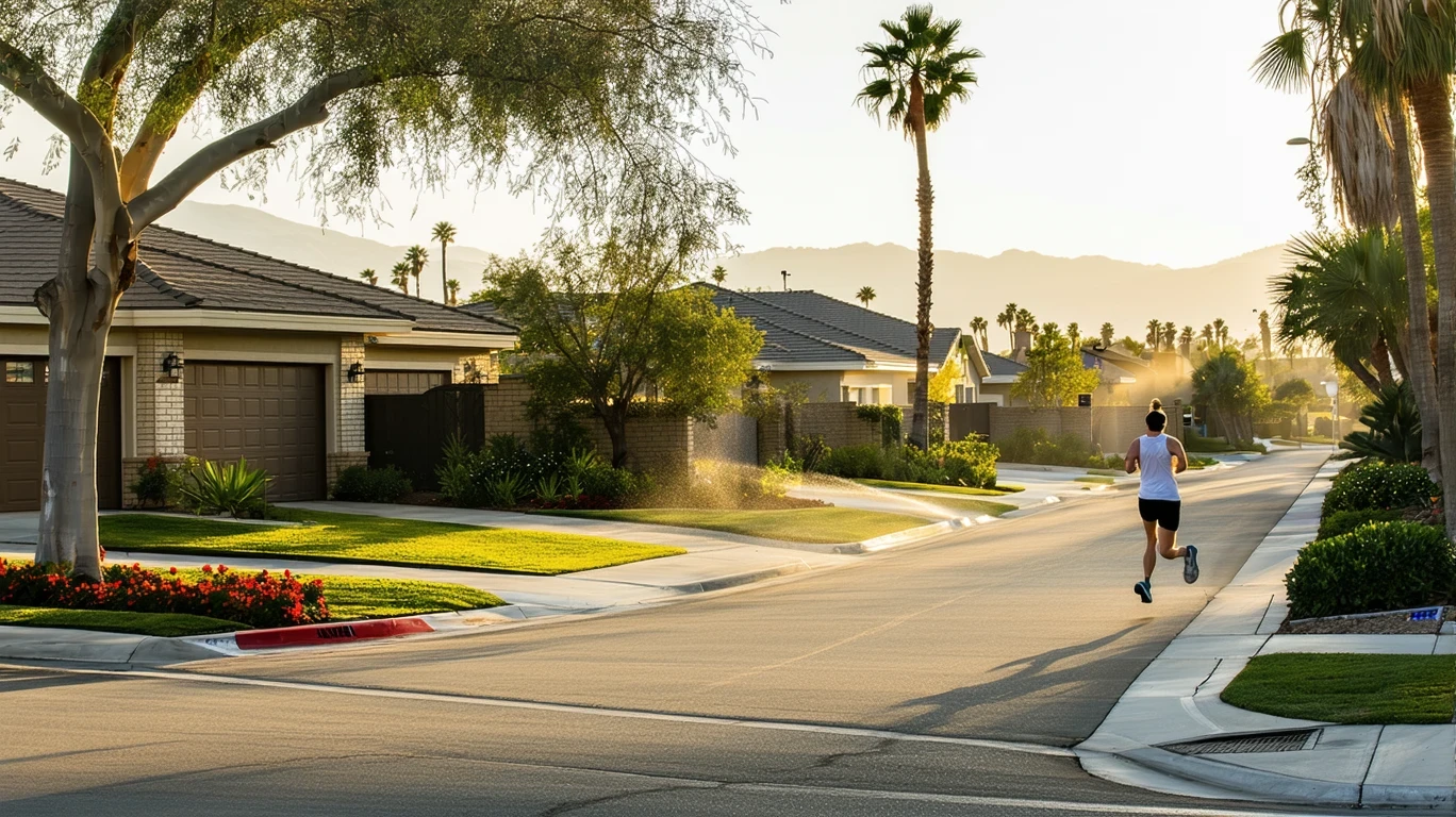 Residential cul-de-sac with single-story homes, brick wall, and native landscaping in morning light in Orange.