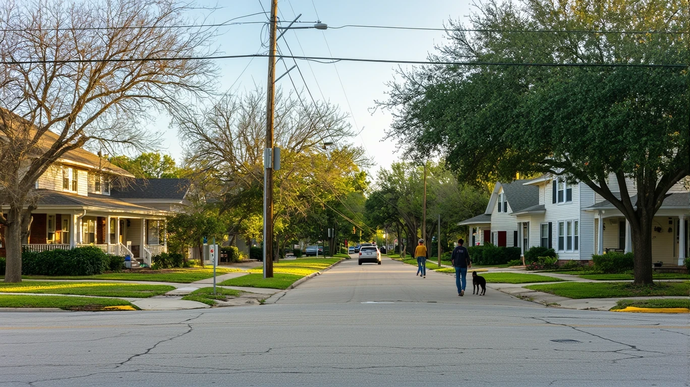 A residential street corner in Georgetown, Texas, with small single-family homes, patchy lawns, and an old car parked on the curb. Power lines visible overhead.