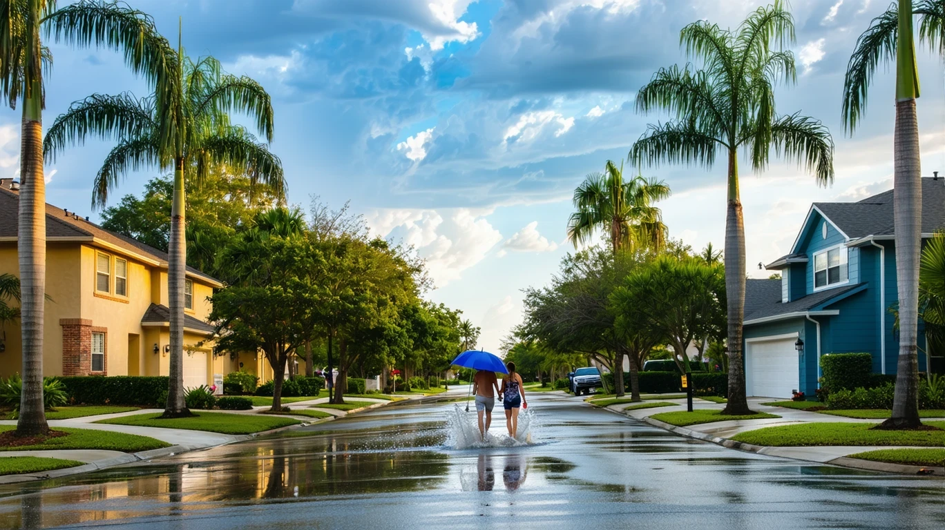 Tree-lined street in Austin after rain, with wet pavement, palm trees, and colorful houses.