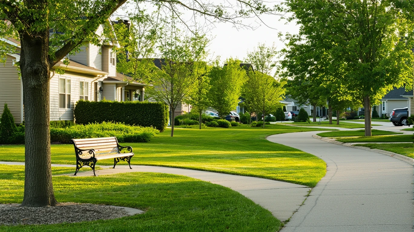 Neighborhood park in Fairfield, OH with a walking path, manicured lawn, and bordering homes on a sunny morning.