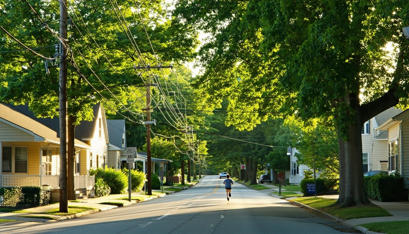 A tree-lined residential street in Raytown, MO with sunlight filtering through maple branches, telephone wires overhead, and a jogger in the distance.