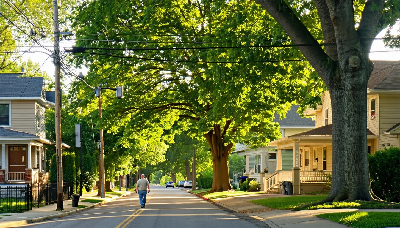 Sunlight filters through maple tree branches over a sidewalk on a residential street in Kansas City, Missouri with traditional-style homes.