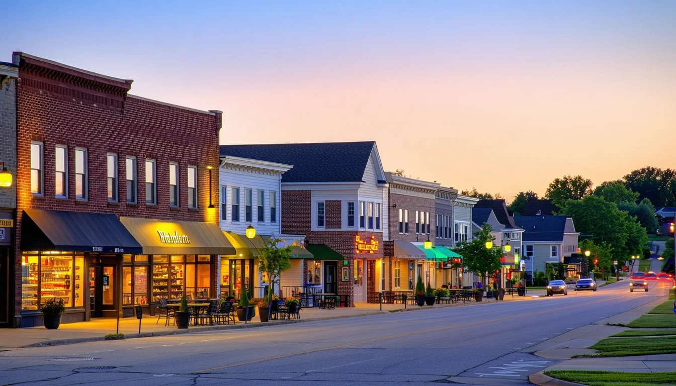 A neighborhood commercial district in Blue Springs, Missouri at dusk, with local shops, restaurants, and residential buildings.