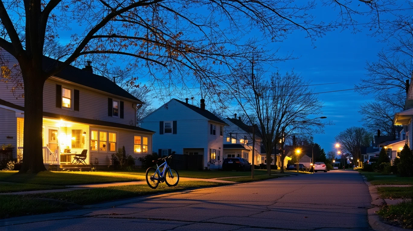 A peaceful cul-de-sac in Greenwood, Indiana at dusk, with porch lights turning on and a bicycle left by the curb.