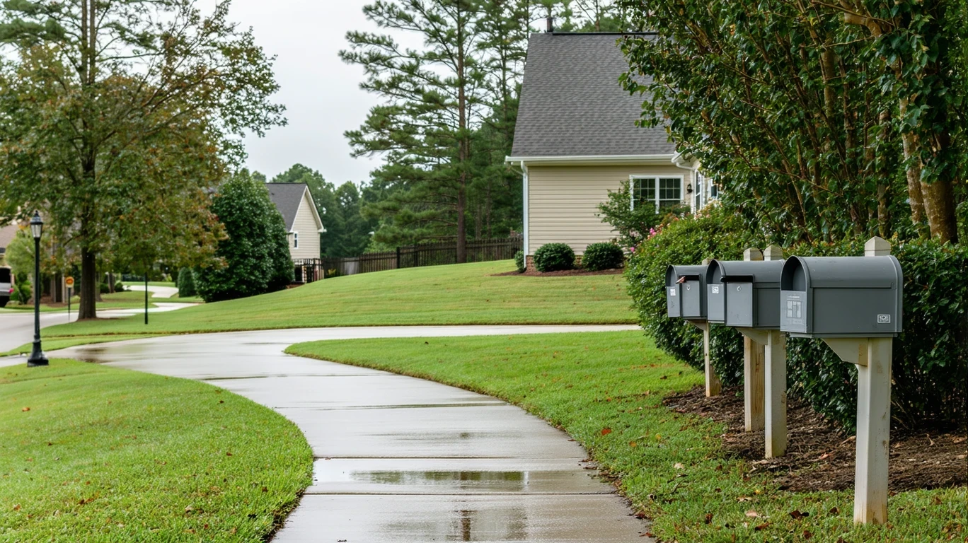 Curved neighborhood sidewalk in Alpharetta with gray mailboxes, wet pavement, and glimpse of homes on an overcast day.