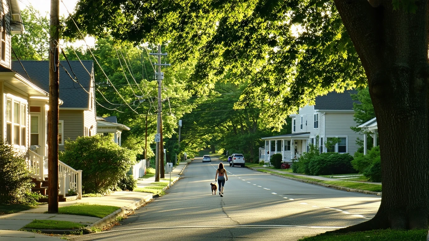 A tree-lined street in Marietta with sunlight filtering through maple branches above two-story homes and a woman walking her dog.
