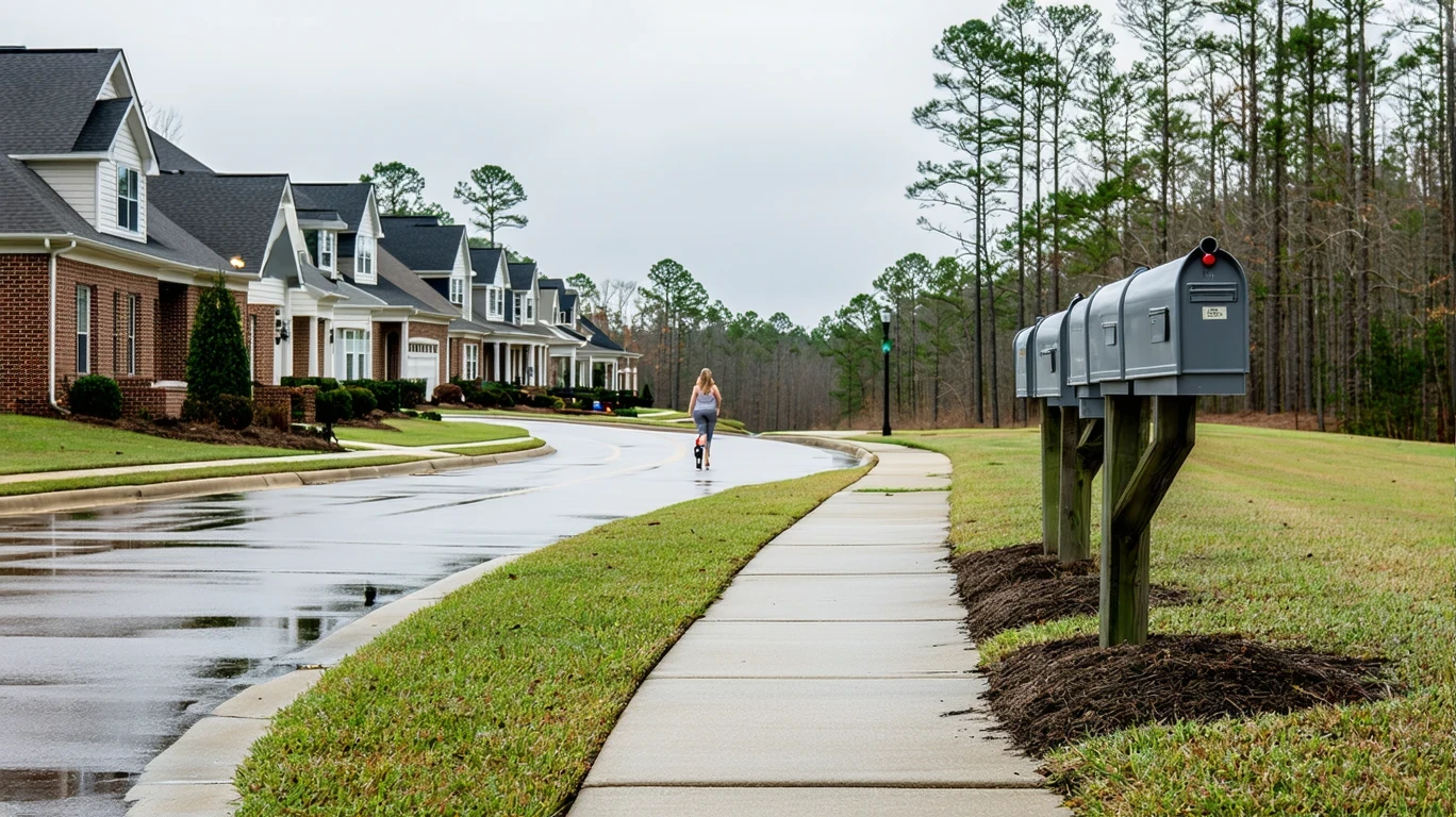 A curving suburban sidewalk in Smyrna, Georgia lined with mailboxes. Wet pavement reflects the cloudy sky. A woman walks a dog past ranch homes in the distance.