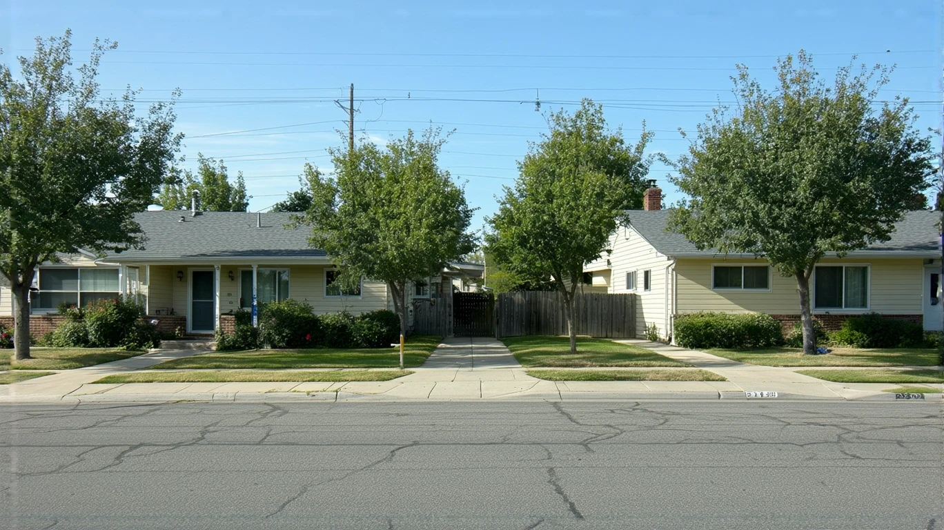 A residential street corner in a suburban neighborhood with modest homes, patchy lawns, and an older car parked on the street.