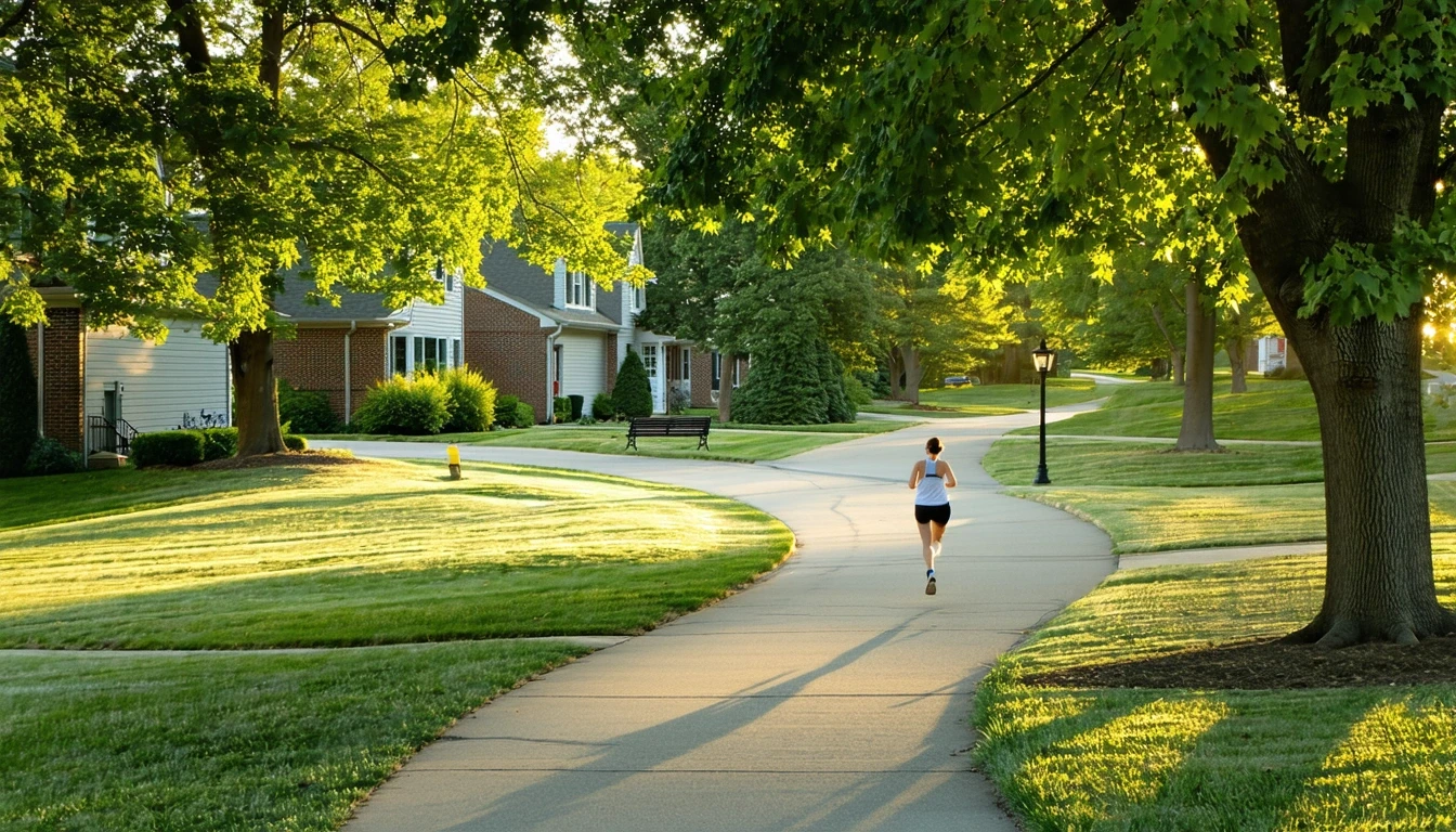 Tree-lined residential street in Shawnee, Kansas with a curving sidewalk, two-story homes visible through the leaves, and a jogger passing a small park.