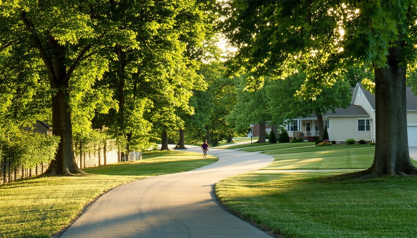 Tree-lined suburban street in Liberty with sidewalk, lawns, and a parent and child walking.