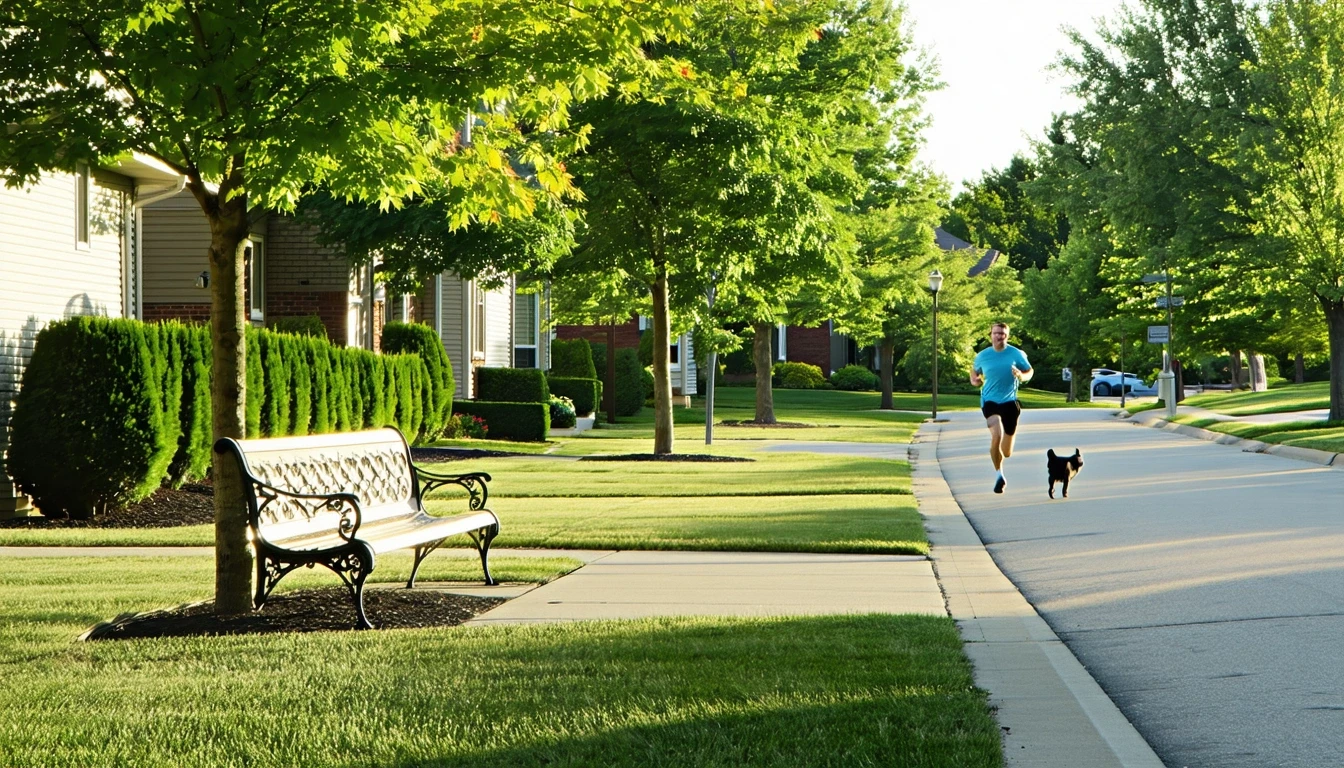 A neighborhood park in Kansas City, Kansas with a walking path, bench, trees, and surrounding homes on a sunny morning.