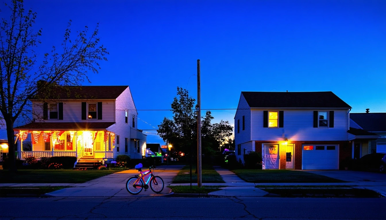 Neighborhood cul-de-sac in Independence, Missouri with homes and a child's bicycle at dusk.