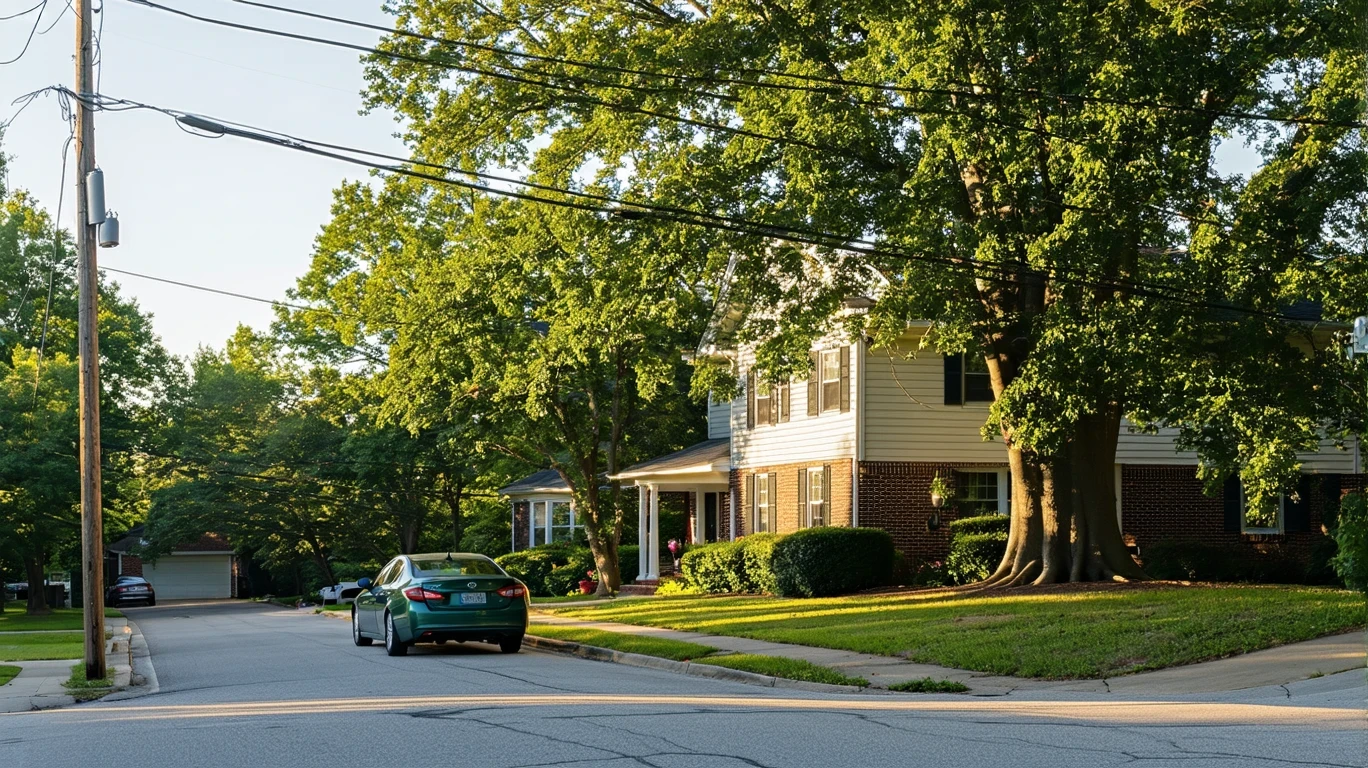 A Roswell neighborhood street corner with dappled sunlight, mature oak trees, patchy grass, an older parked car, and overhead power lines.