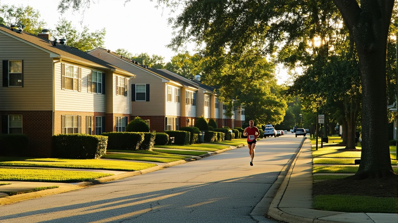 A tree-lined residential street in Kennesaw, Georgia with one-story homes and a jogger in the distance, early in the morning.