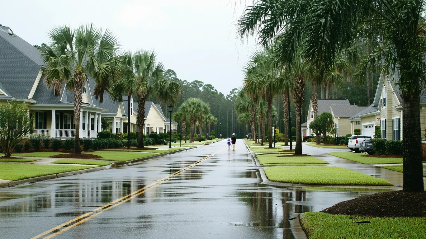 A suburban street in Kennesaw after a rain shower, with palm trees reflected in puddles and a few people walking on the sidewalk.