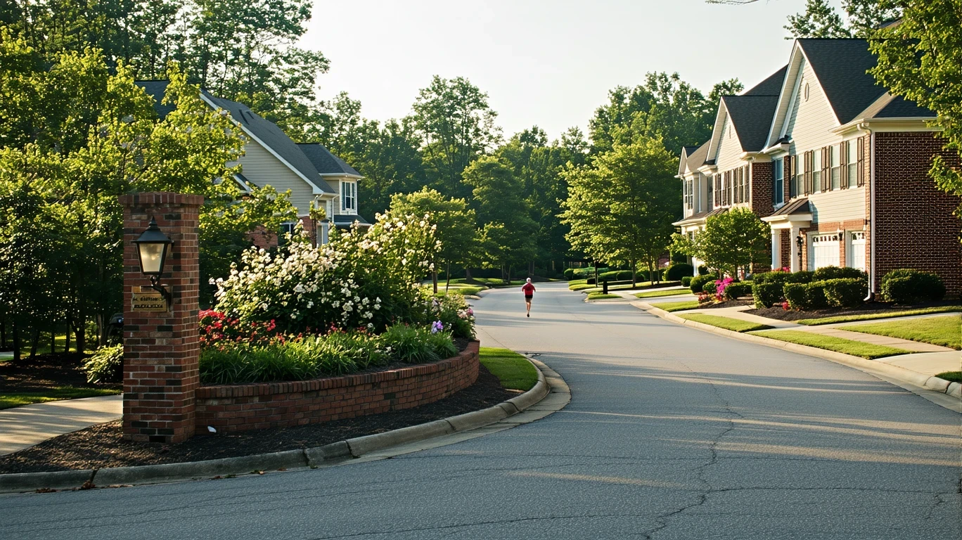 The start of a suburban cul-de-sac in Marietta with native plants, a brick wall, and a jogger in the distance in early morning light.