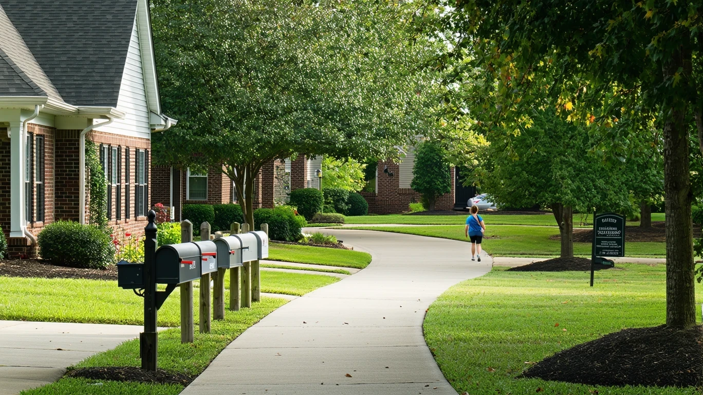 Curved sidewalk lined with gray mailboxes in a sunny suburban neighborhood.