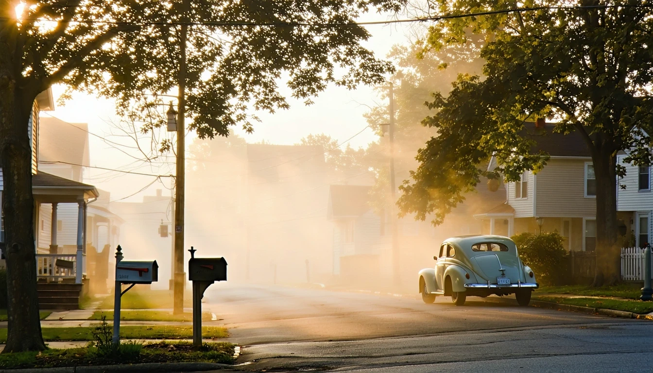 Residential street in Norristown, Pennsylvania on a misty morning with an old car parked under a maple tree and historic homes.