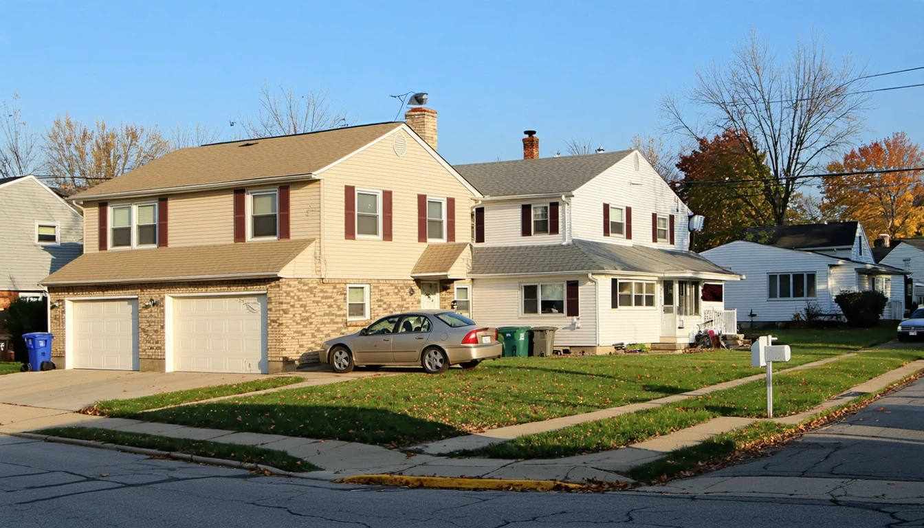 Suburban corner in Maryland Heights with patchy grass, older car, and overhead utility lines