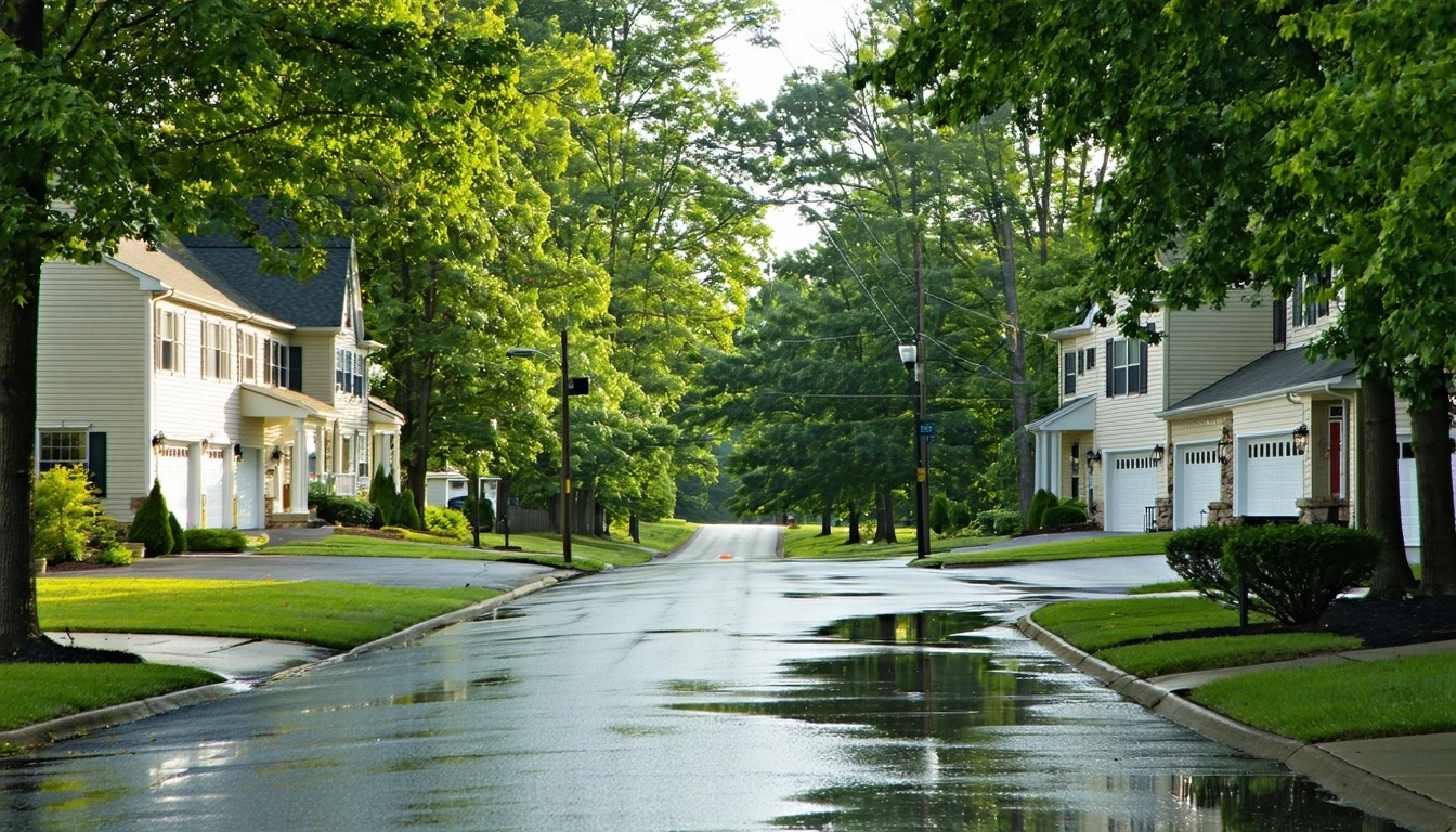 Wide residential street in Ballwin, Missouri, with wet asphalt, colonial homes, and manicured lawns after rain.