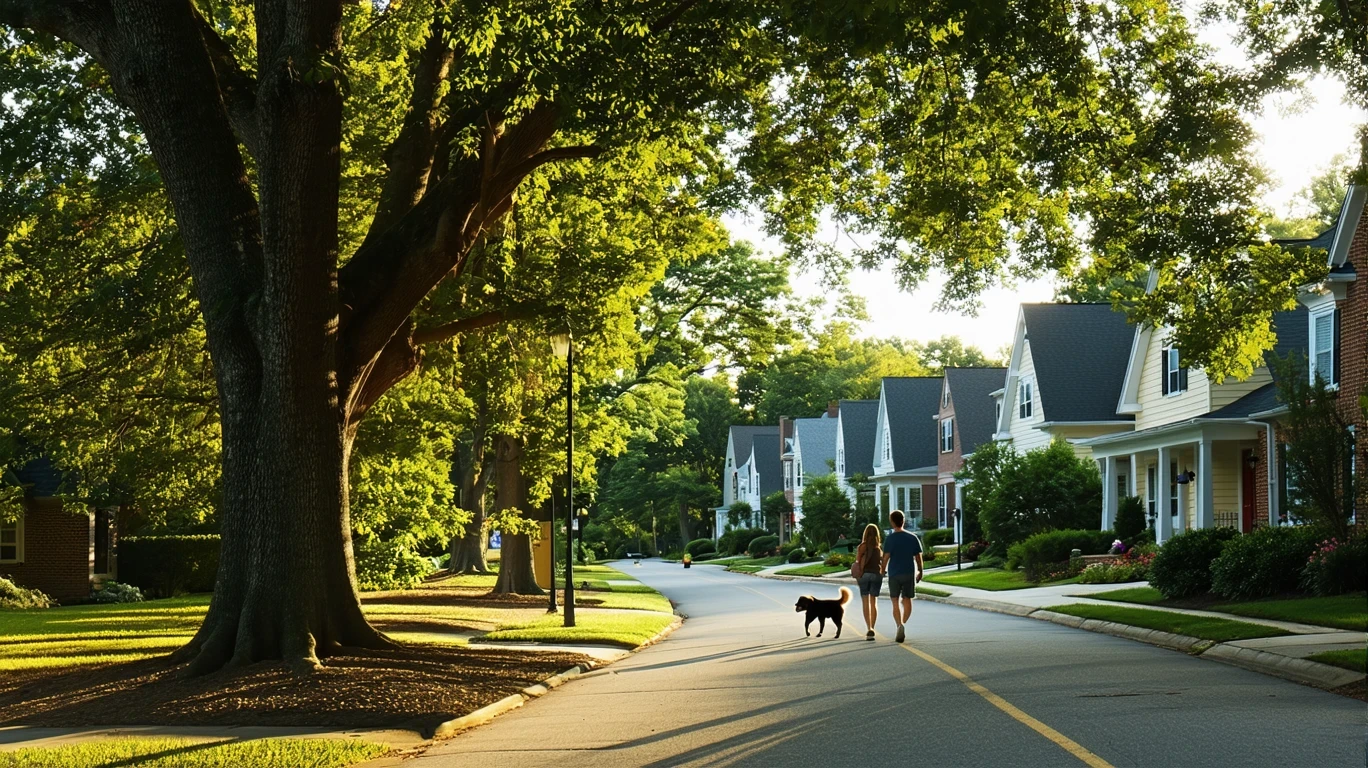A sidewalk winding through a tree-lined neighborhood in Durham, NC with houses visible through the leaves.