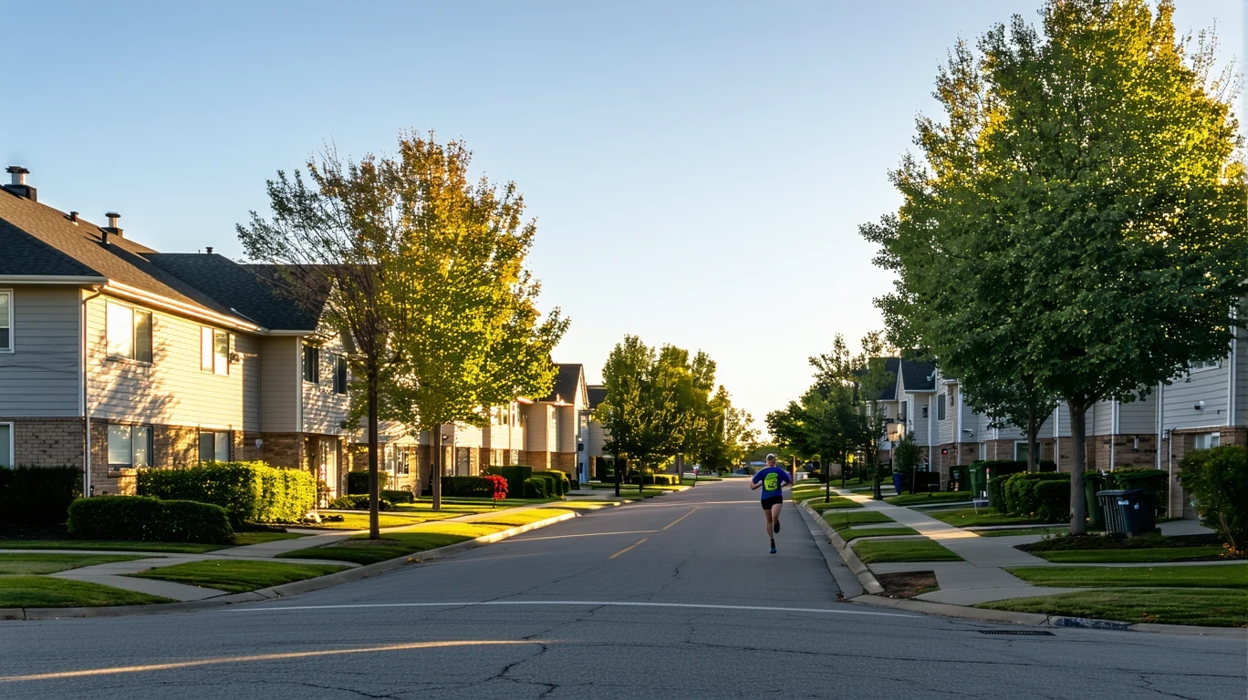A residential street in the early morning light, with one-story homes, leafy trees, and a distant jogger.