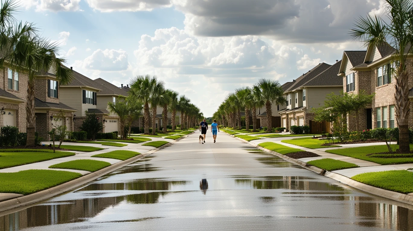 A wide neighborhood avenue in Pflugerville lined with palm trees and nice homes after a rain shower.