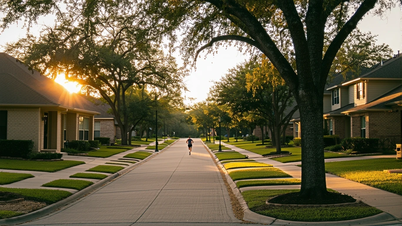 Quiet residential street in Round Rock, Texas with neatly landscaped yards and a jogger in the distance at sunrise.