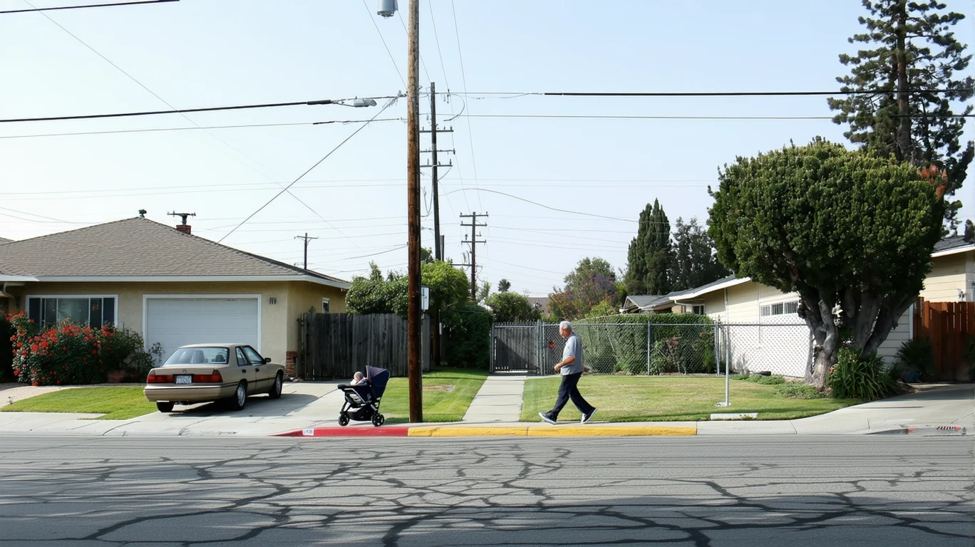 Street corner in a Santa Ana neighborhood with older homes, a parked car, and a man pushing a stroller on the sidewalk.