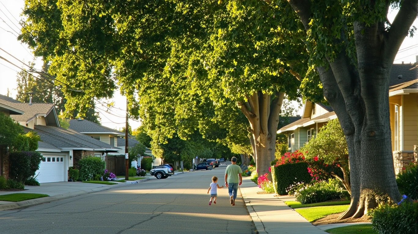 Sunlight through a maple tree over a residential Anaheim street with utility lines and a father and daughter walking.