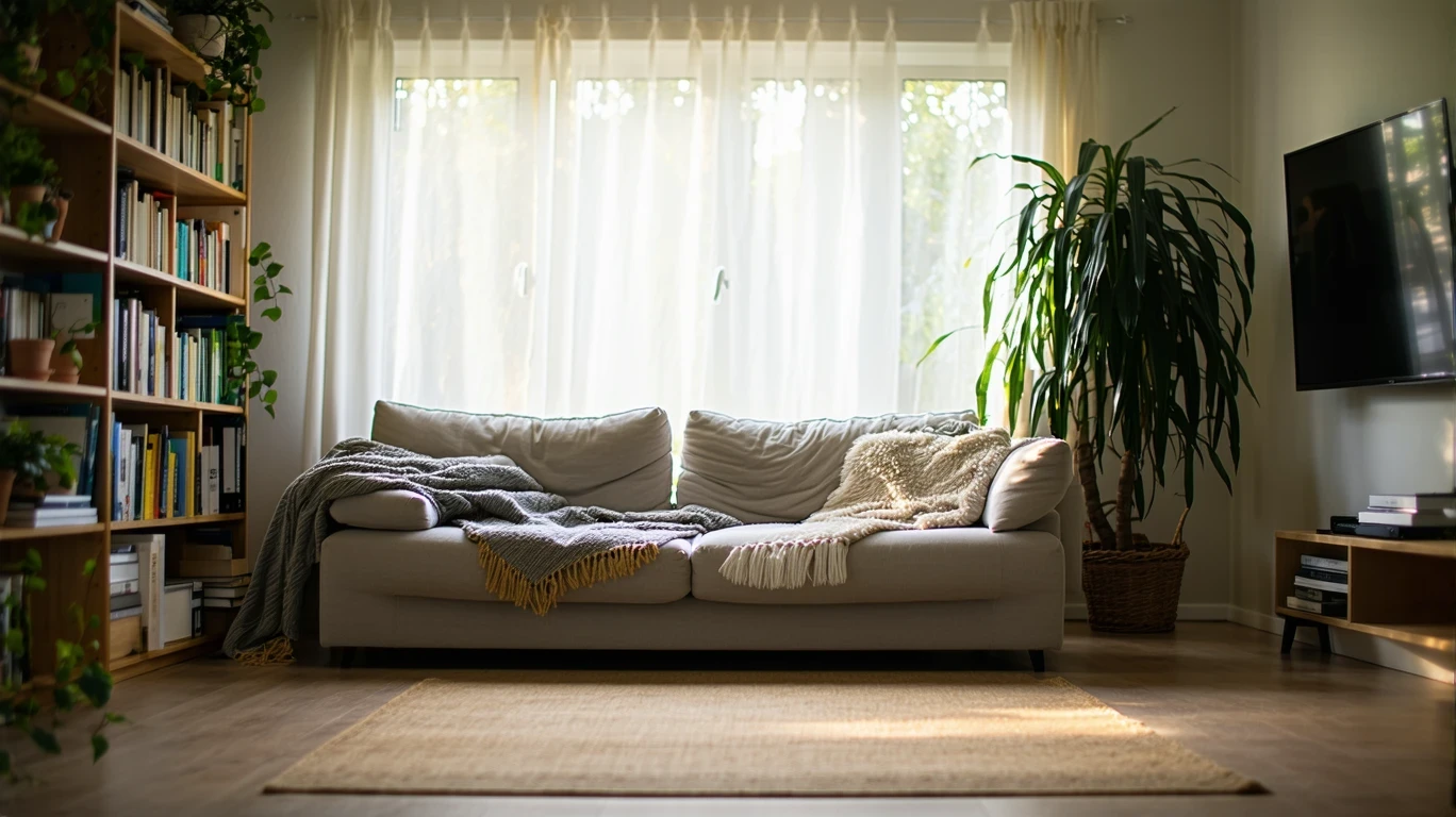 A sunlit living room in an Anaheim home, with a couch, bookshelf, and potted plant, styled in a modern, cozy aesthetic.
