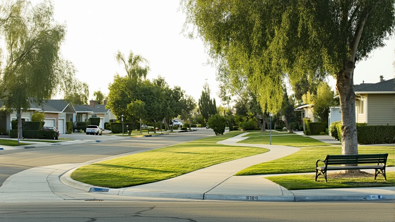 A view across a street of a manicured neighborhood park with a path, bench, and houses visible.