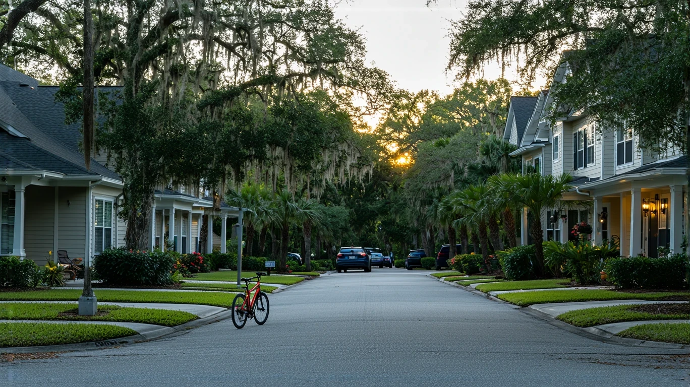 A cul-de-sac in Brandon, Florida at dusk with porch lights turning on
