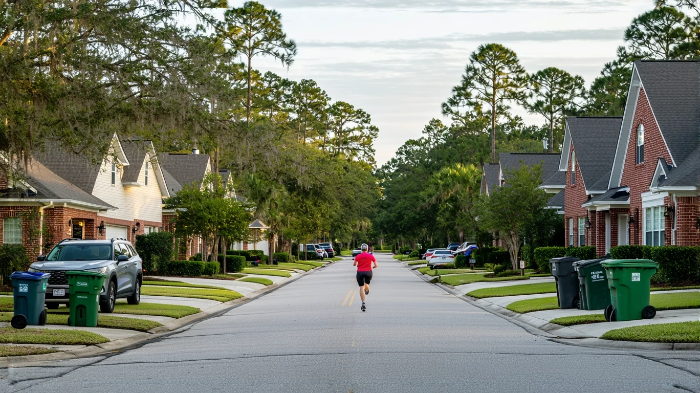 A jogger runs past red-brick houses and recycling bins on a suburban street in Plant City, Florida