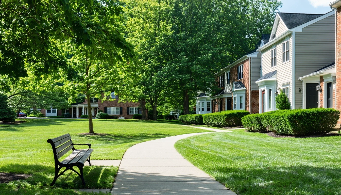 A neighborhood park in College Park, Maryland with a walking path, bench, and trimmed hedges, viewed from across a residential street lined by townhomes and small apartment buildings.
