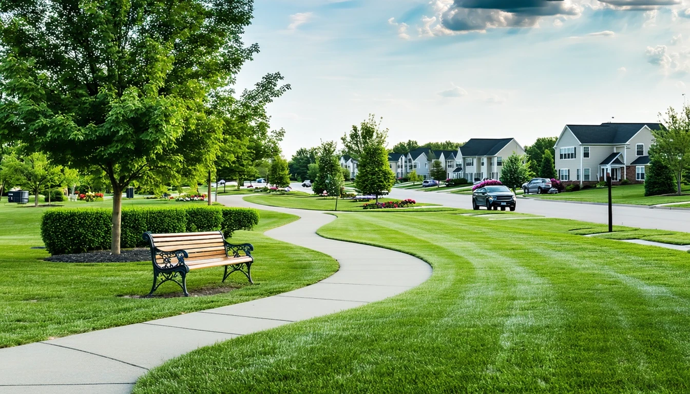 A view of a well-maintained neighborhood park in Bowie, Maryland with a path, empty bench, and residential homes visible across the street.