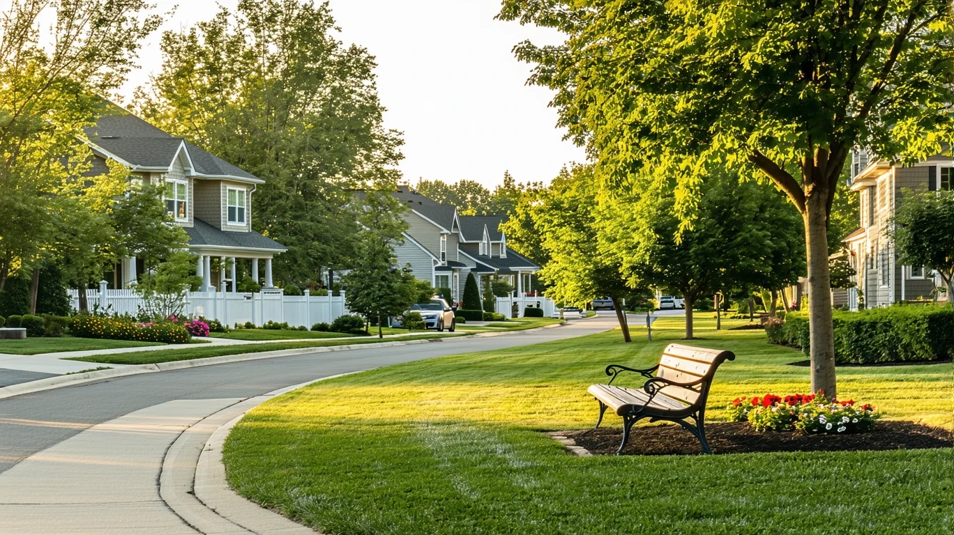 Residential street view of a well-maintained neighborhood park with walking paths, benches, and landscaping.