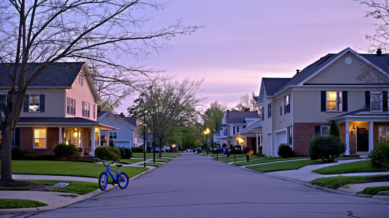 An evening view of a residential cul-de-sac in Nicholasville, Kentucky, with houses, porch lights, and a child's bicycle visible.