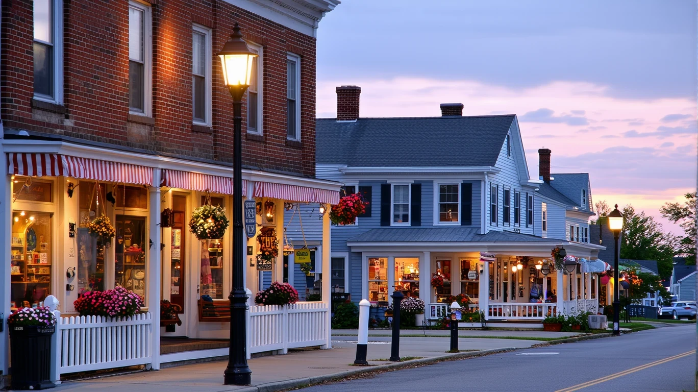 Main street in Georgetown, Kentucky at dusk, with local shops on one side and residential bungalows with porches on the other. A street lamp glows as night falls.