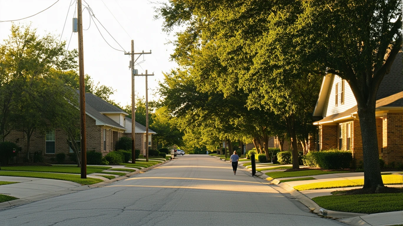 Sunlight through maple tree branches over a residential street in Pflugerville, Texas with utility lines, sidewalks and single-story homes.