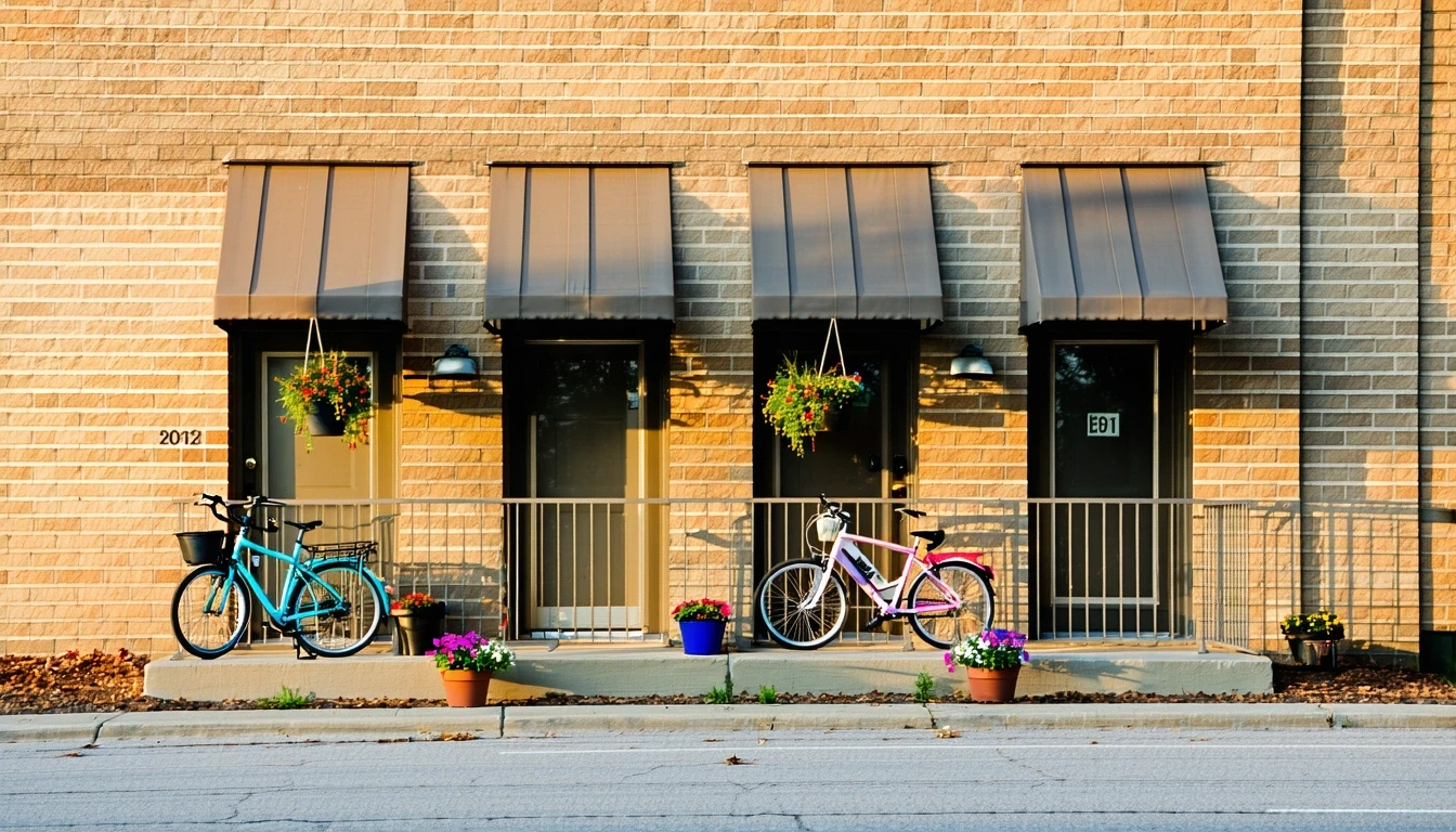 An exterior view of a small brick apartment building in Lenexa, Kansas with shaded doorways, potted plants, and two bicycles leaning against a railing on a sunny morning.